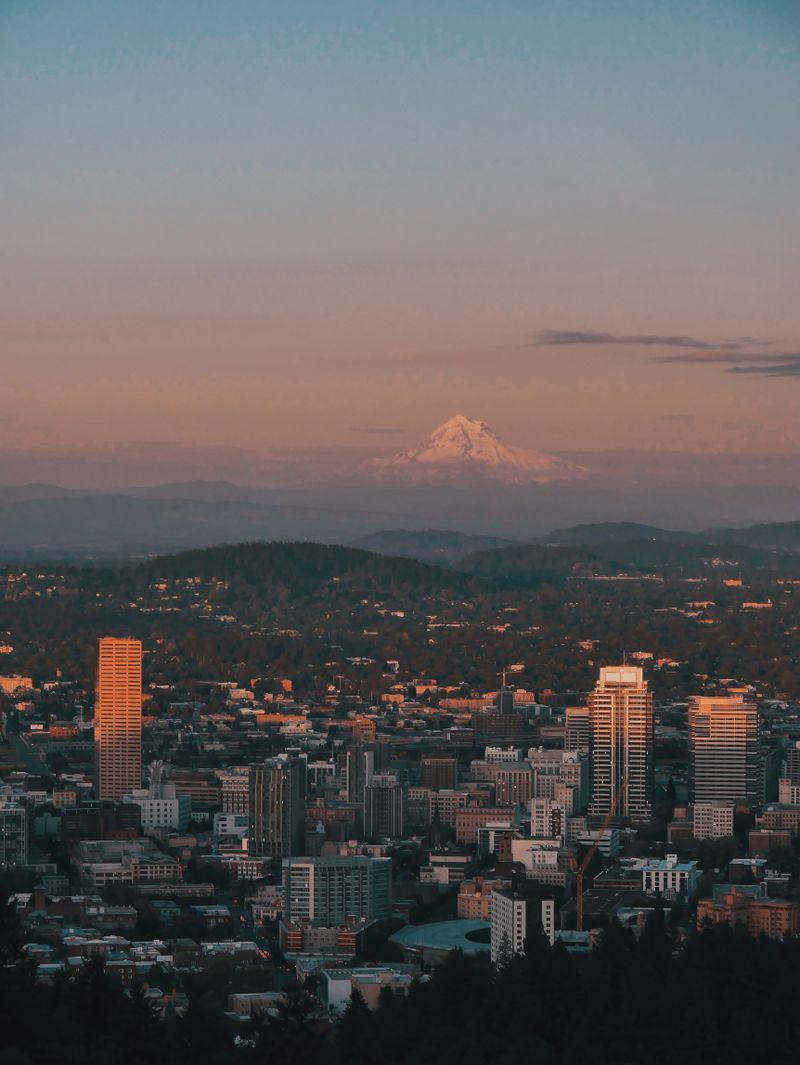 Aerial view of Portland Oregon residential neighborhoods with Mount Hood in the background